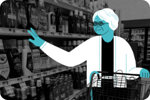 Image of a BLV individual navigating a grocery store aisle by touch.